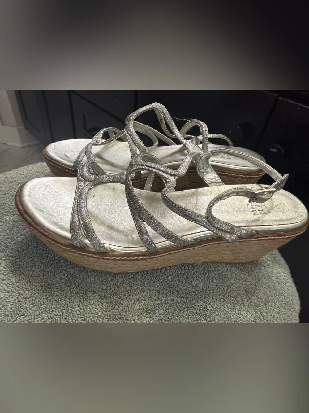 Stuart Weitzman Silver Glitter Espadrille Wedge Sandals Size 8M